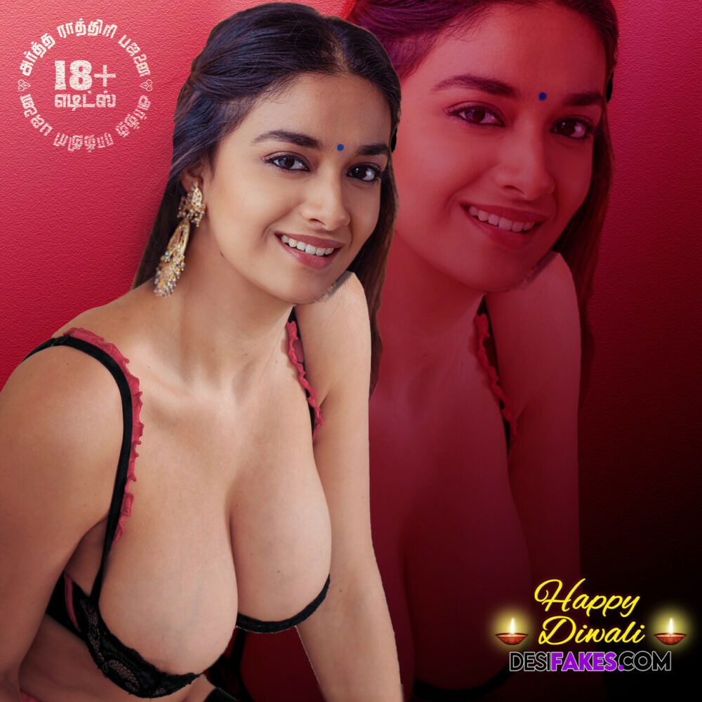 Keerthy Suresh handing boobs cleavage hot black bra pose